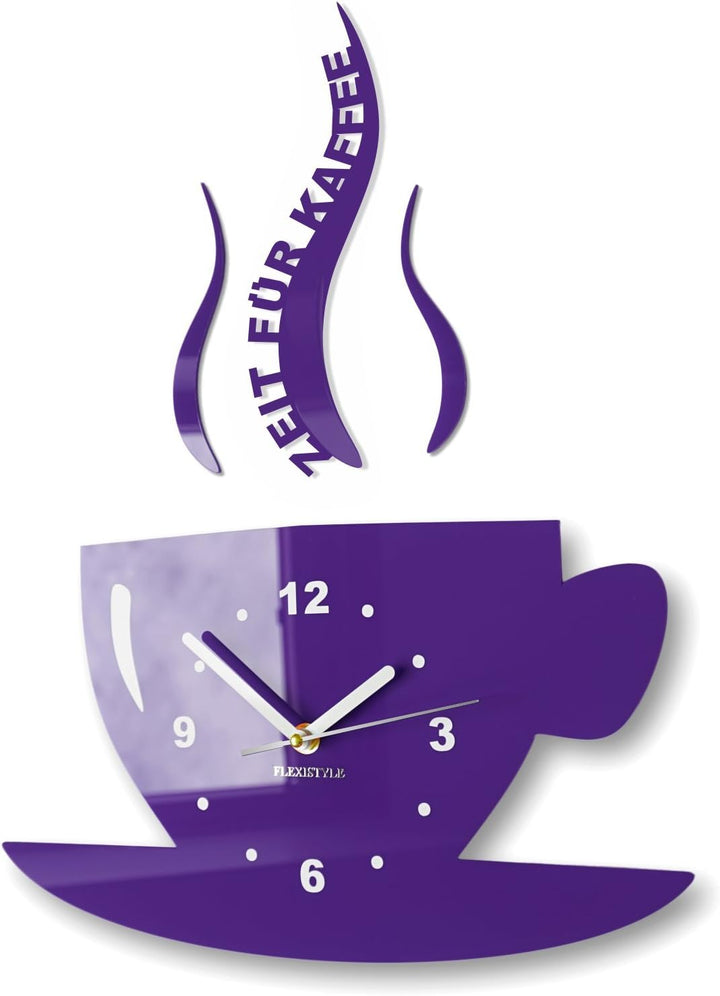 FLEXISTYLE Tasse Zeit für Kaffee Moderne Küche Wanduhr, 3D römisch, wanduhr deko (Violett (blaubeere
