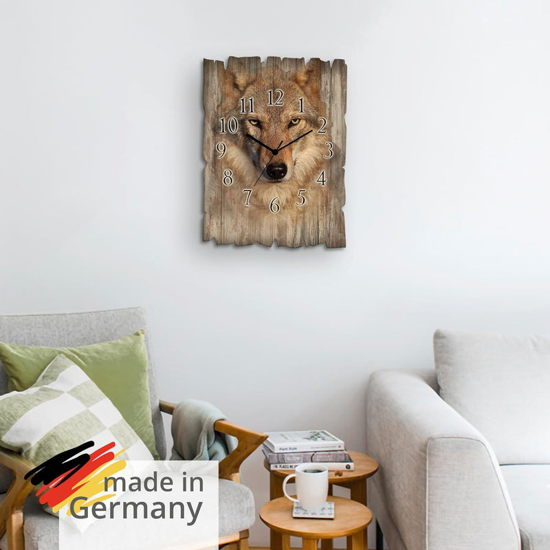 ARTLAND Wanduhr ohne Tickgeräusche aus Holz Quarzuhr 30x40 cm Rechteckig Lautlos Wolf Tiere Wald Nor