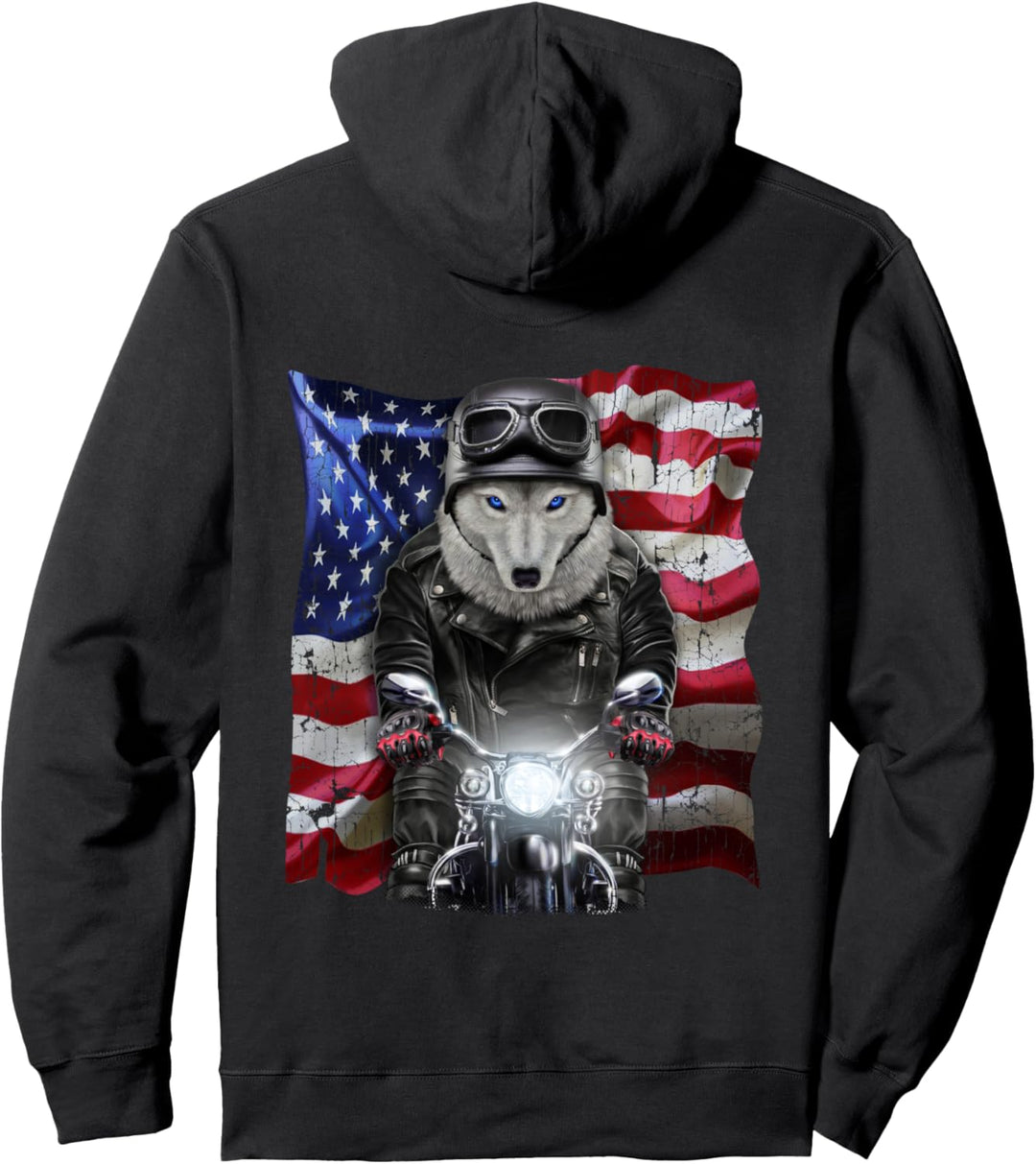 Patriot Wolf auf einem Motorrad mit Flagge der USA Pullover Hoodie