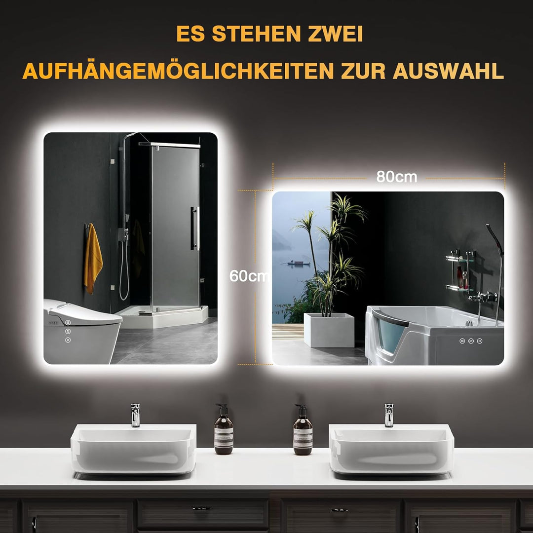Badspiegel mit Beleuchtung 80x60cm, Led Spiegel Bad mit Antibeschlag, 3 Lichtfarben, Dimmbar, Speich