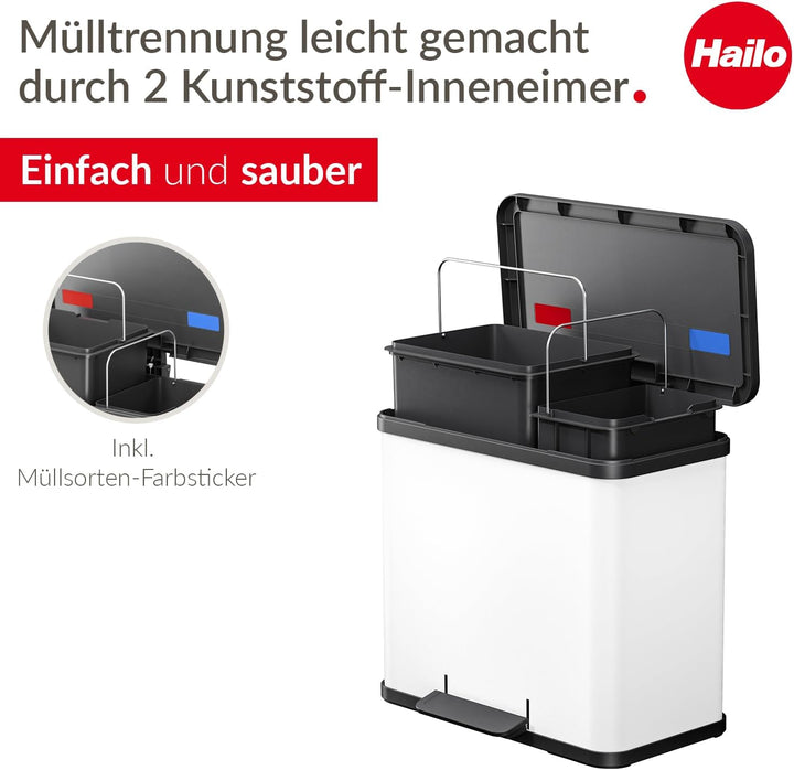 Hailo Öko duo Plus L Tret-Mülltrenner - freistehender 17+9 Liter Doppelmülleimer aus Stahlblech - Mü