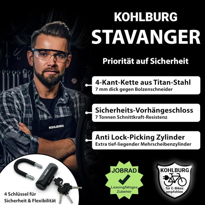 KOHLBURG Sicheres Kettenschloss [7mm starke Titan-Stahl Kette, mit extra Ring, 85cm lang] - Fahrrads