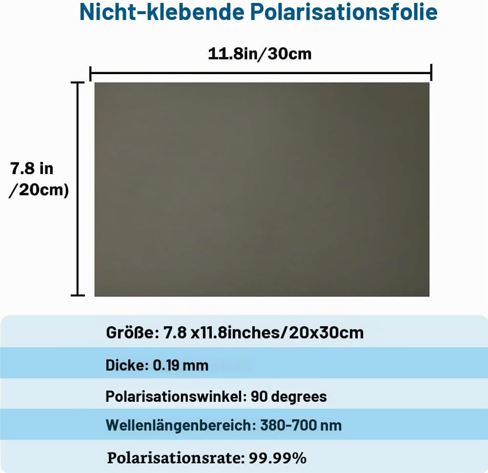 Polarisierte Folie, 3 Stück, 20 x 30 cm, Nicht-klebender Polarisationsfilter für Physik im Lehramt