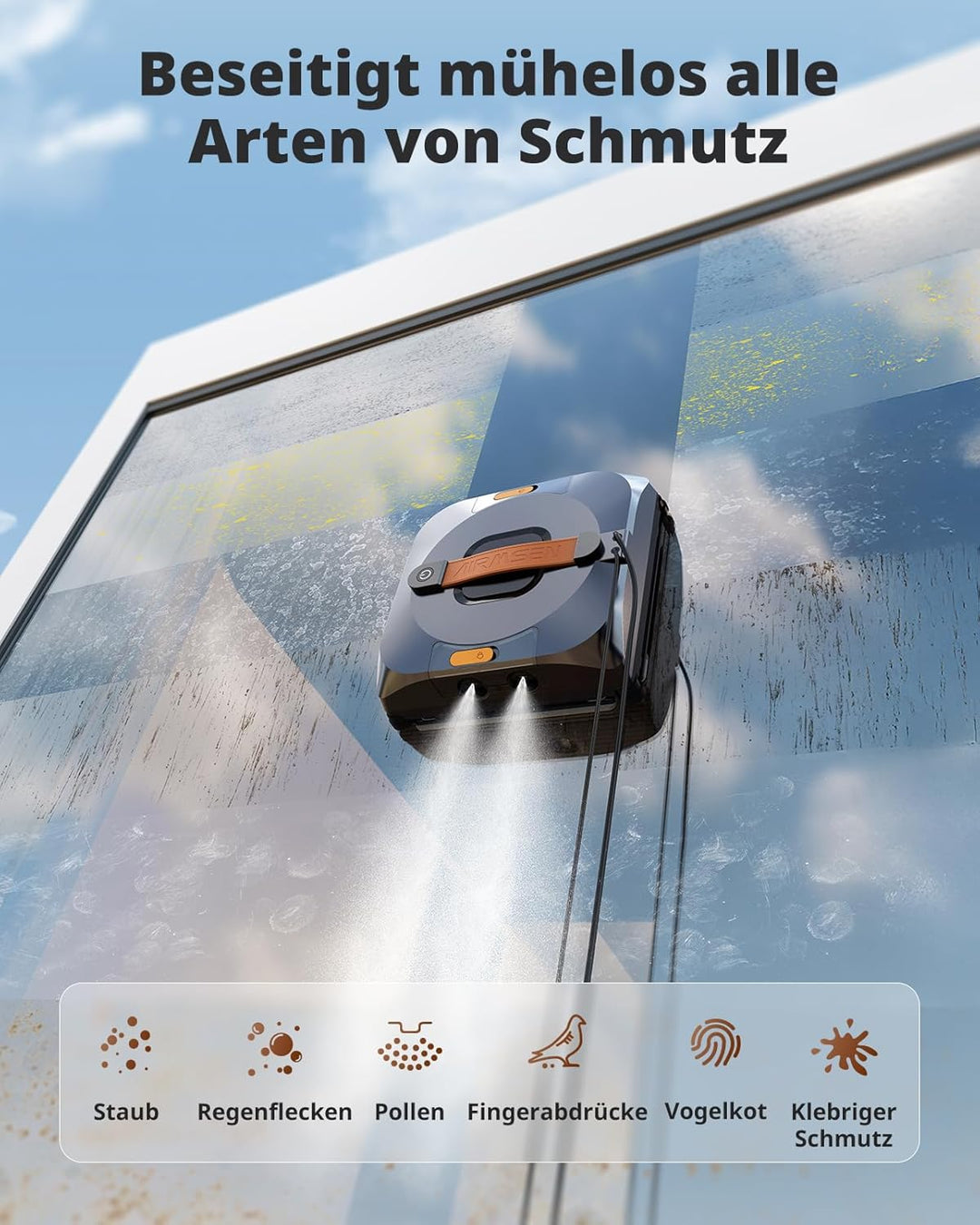 AIRMSEN YW733 Fensterputzroboter, Automatische Routenplanung, 4 Reinigungsmodi, 4 Sprühdüsen, 110 ml