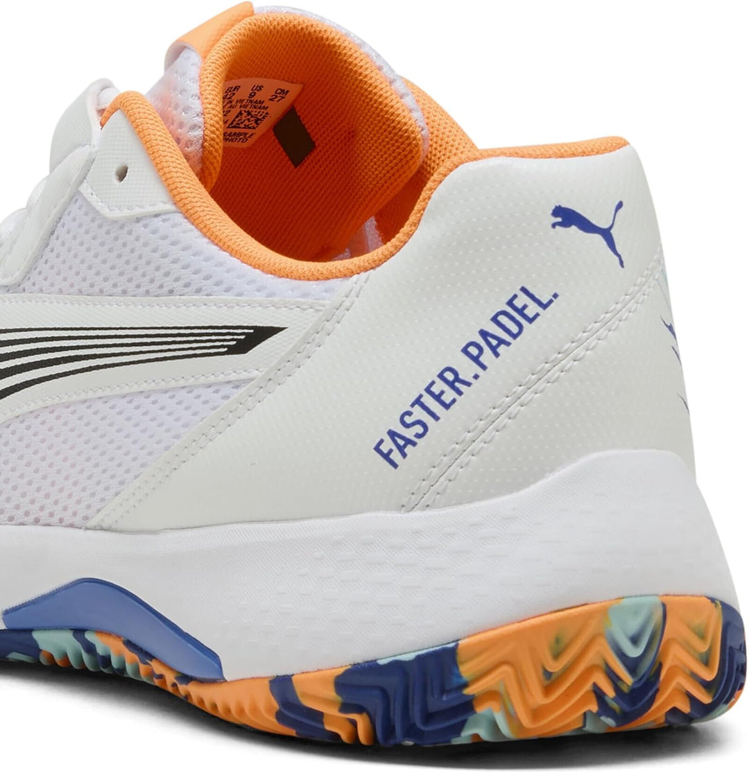 PUMA Unisex Nova Court Tennis Shoe, Puma White Puma Black Vivid Blue Heat Fire
