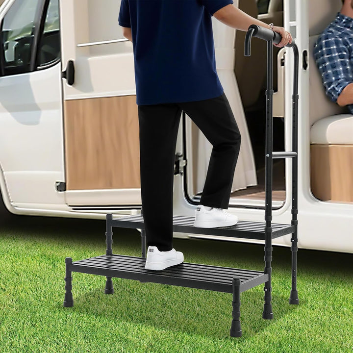 Trittleiter 2 Stufen mit Hohem Sicherheitsgriff, Trittstufe für Wohnmobil und Haushalt aus Carbonsta