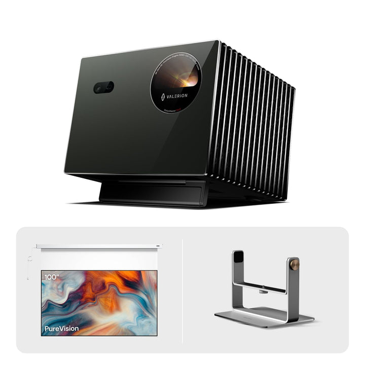 VisionMaster Pro2 4K Triple-Laser-Beamer Bundle mit 120" Anti-Speckle motorisierter Leinwand und Des