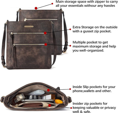 BOSTANTEN Damen Handy Umhängetasche Mittel, PU Leder Crossbody Schultertasche, Reissverschlusstasche