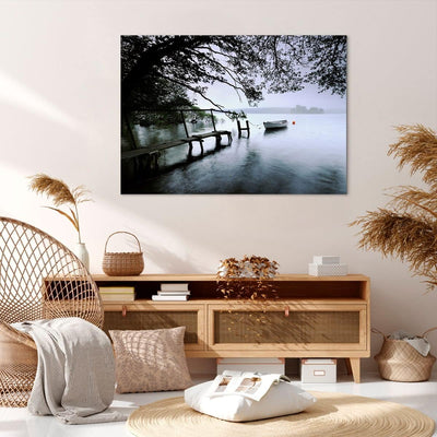 Bilder auf Leinwand 100x70cm Leinwandbild mit Rahmen See Dock Boot Bäume Gross Wanddeko Bild Schlafz