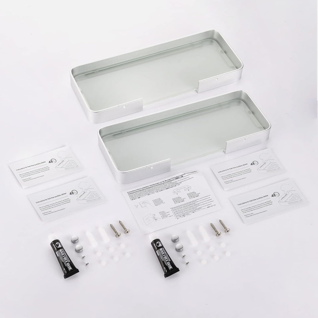 Duschablage Ohne Bohren, Aluminium Badezimmer Regal Selbstklebend Duschkorb Ablageregal mit Mattglas