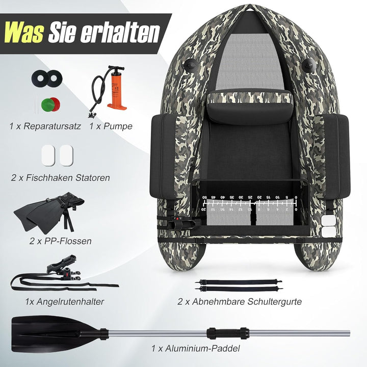 GOPLUS Bellyboot, Belly Boat bis 150 kg belastbar, aufblasbares Schlauchboot zum Angeln mit Alu Padd