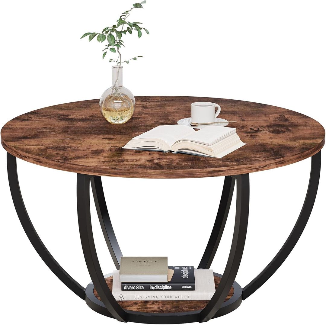 HOMERECOMMEND Round Coffee Table,Couchtisch Rund,2 stufiger Couchtisch mit Lagerung Regale,Wohnzimme