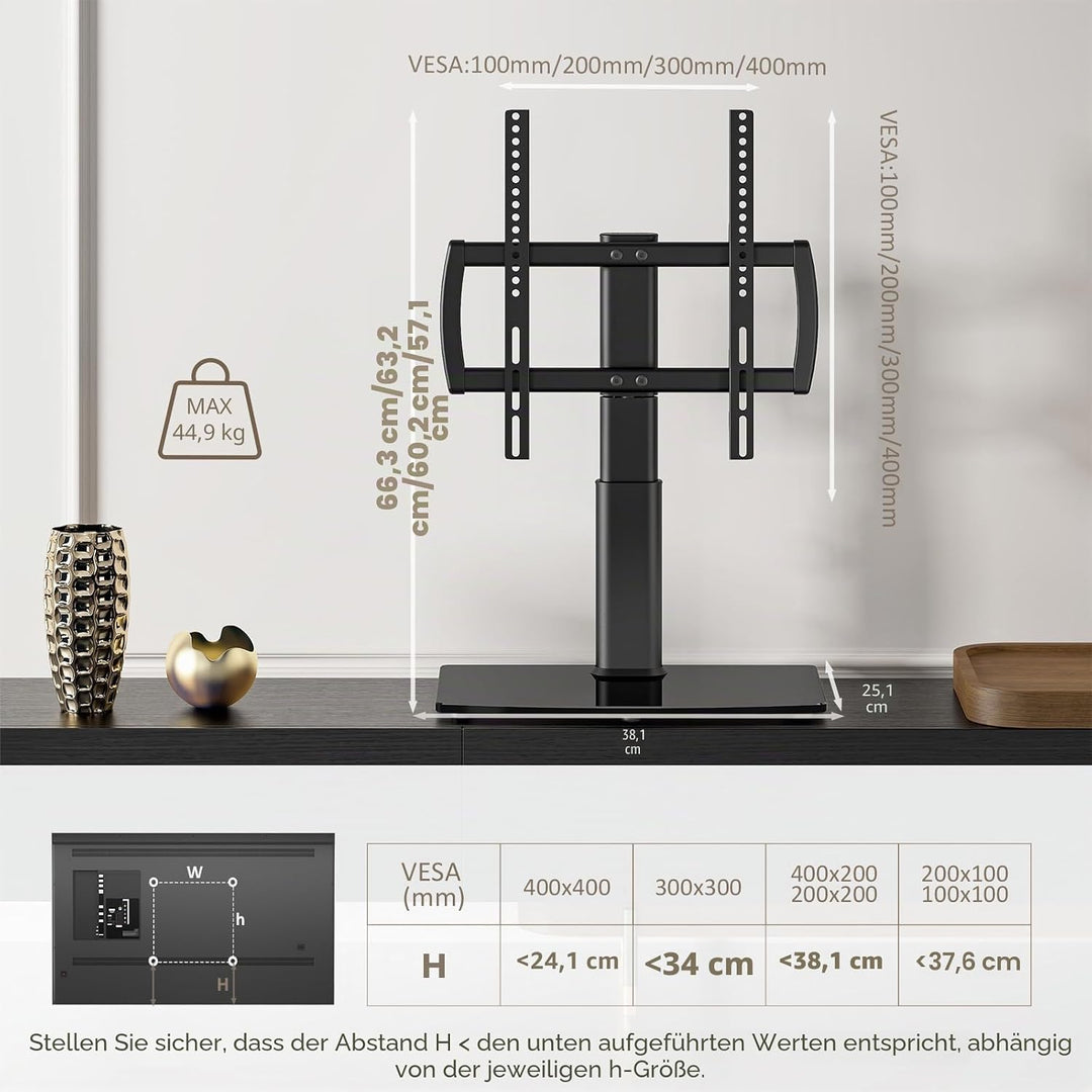 Universal schwenkbarer TV-Ständer/Tischfuss TV-Ständer 27 bis 60 Zoll TVs 80 Grad schwenkbar, 4 Stuf