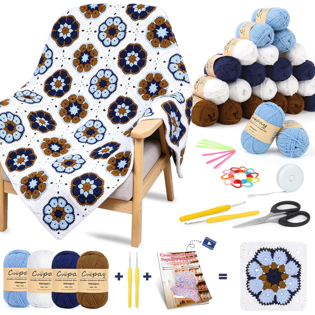 Coopay Granny Square Häkelset für Anfänger Profis, Komplettes Häkelset für Decke Häkeln, Häkel Set m