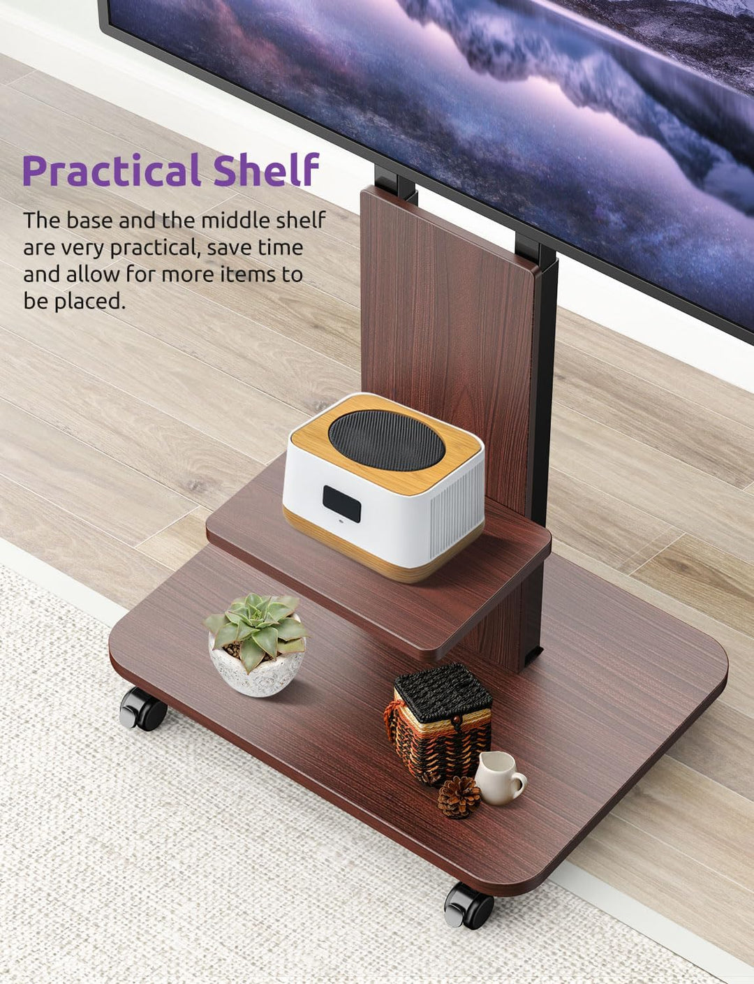TV Ständer Rollbar mit Holzablage, Fernsehständer auf Rollen für 32-75 Zoll Fernseher, TV Bodenständ