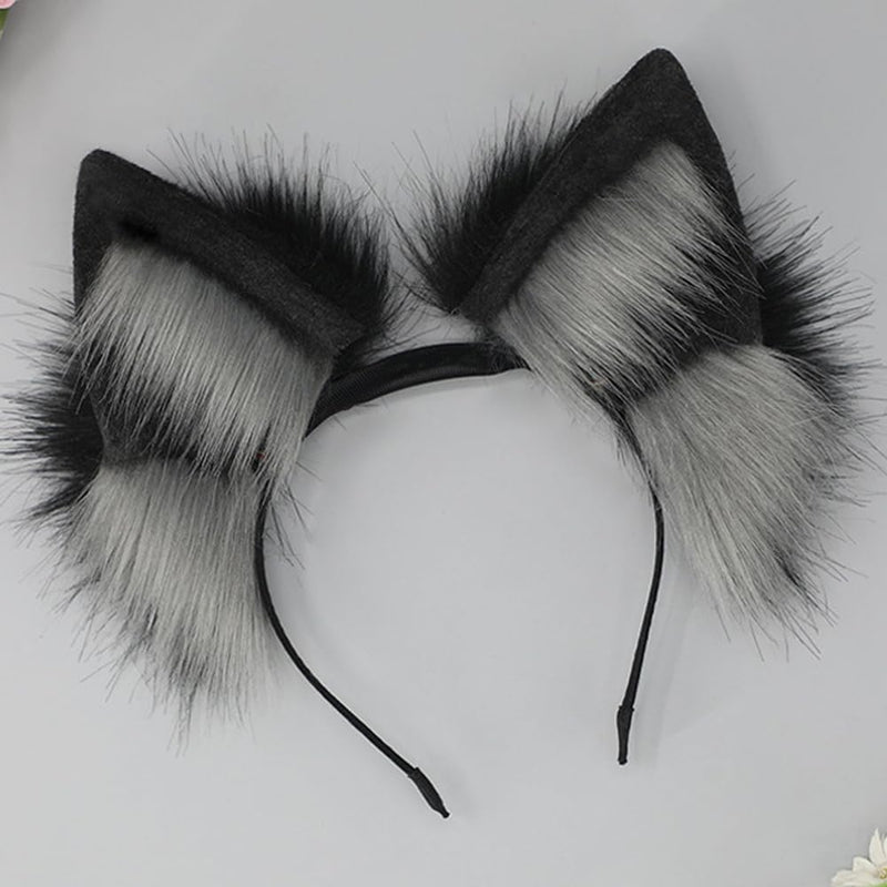 VIGVAN Handgemachte Wolf Fuchs Ohren Cosplay Kopf Zubehör Kawaii Haarband (Wolf Schwarz Grau), Wolf