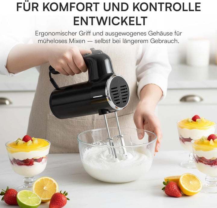 HM-300BK Hand Mixer – 300W Power, 5 Speed Settings + Turbo Function, Stainless Steel Beaters & Dough