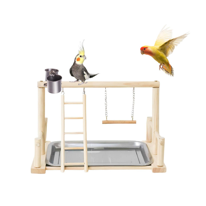 Vogel Spielplatz, Holz Wellensittich Spielplatz Freisitz mit 2 Edelstahl Feeder-Cup Spielzeug Leiter