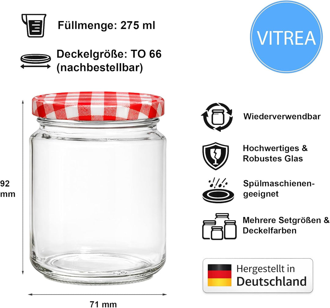 Vitrea 200x Marmeladengläser 275 ml - mit Deckel Rot Kariert TO 66 - Einmachgläser zum befüllen mit