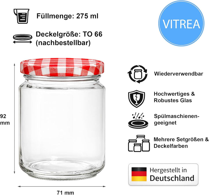 Vitrea 200x Marmeladengläser 275 ml - mit Deckel Rot Kariert TO 66 - Einmachgläser zum befüllen mit