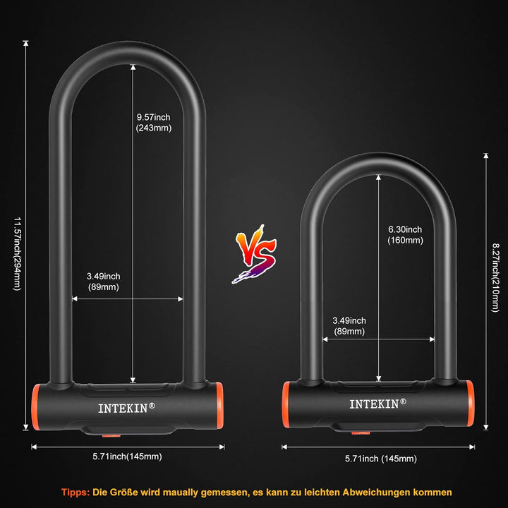 INTEKIN Fahrradschloss Bügelschloss mit Halterung, 16mm Fahrrad Bügelschloss mit 3 Schlüssel, Hohe S