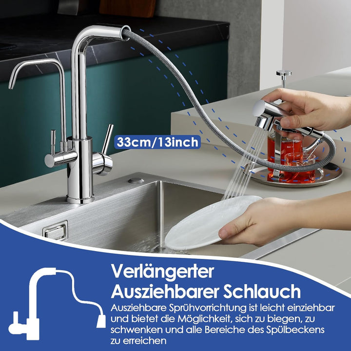 ROVOGO Chrom Wasserhahn Küche 3 Wege mit 2 Strahlarten Brause Ausziehbar, Hochdruck Küchenarmatur mi