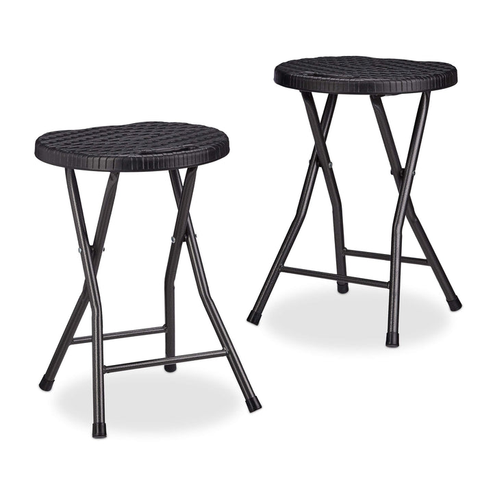 Relaxdays Klapphocker BASTIAN rund, 2 Stk. Faltbar, Kunststoff, Rattanoptik, Wetterfest HxBxT: 45 x