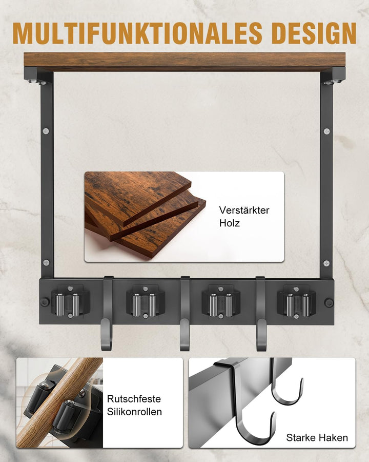 Supforce Besenhalter Wandmontage mit oberer Holzablage, robuster Gerätehalter aus Metall für Reinigu