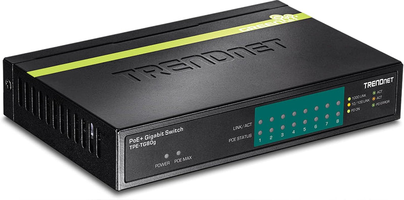 TRENDnet TPE-TG80G 8-Port-Gigabit-PoE + -Switch 8 x Gigabit-PoE + -Ports, 123-W-PoE-Leistungsbudget,