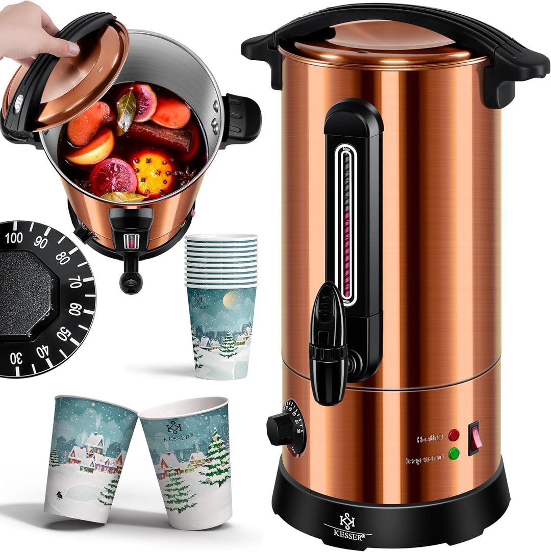 KESSER® Glühweinkessel 10L Edelstahl Inkl. 10x Becher Glühweinkocher mit Thermostat Glühweinautomat