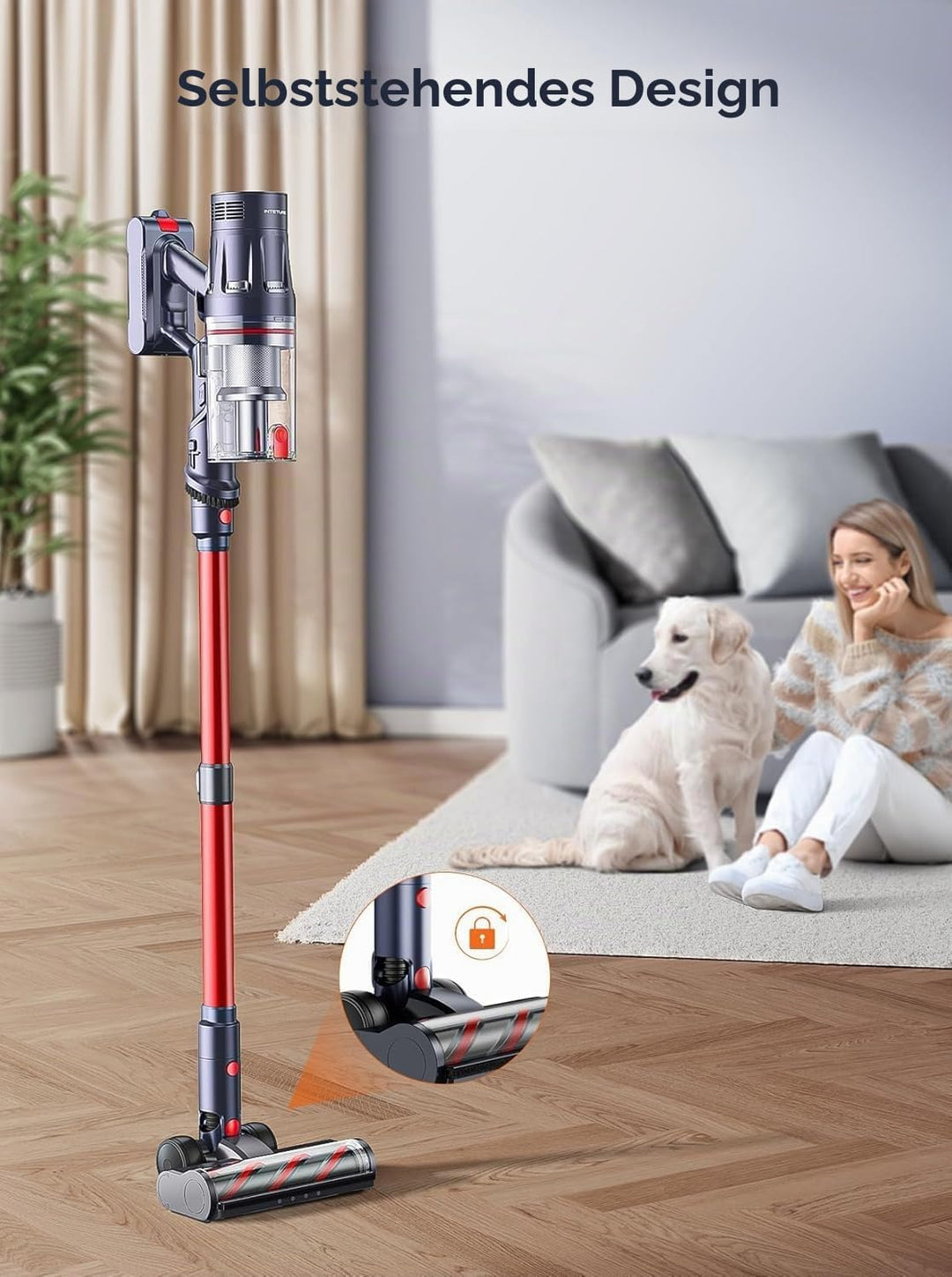 Akku Staubsauger Kabellos 600W 50KPa, Akkustaubsauger mit 65 Min Laufzeit, Selbststehender Stabstaub