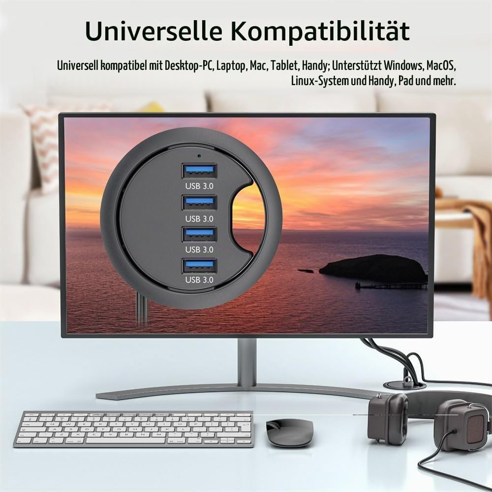 USB 3.0 Hub 4 Port USB 60 mm Tischtülle Splitter Dockstation Schnittstelle für Desktop PC Schreibtis