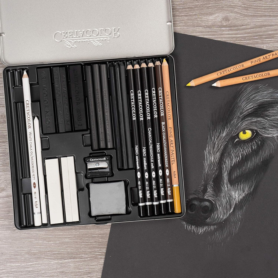 Cretacolor Wolf Box | Schwarz - Weiss Zeichen - Set | 25-teilig
