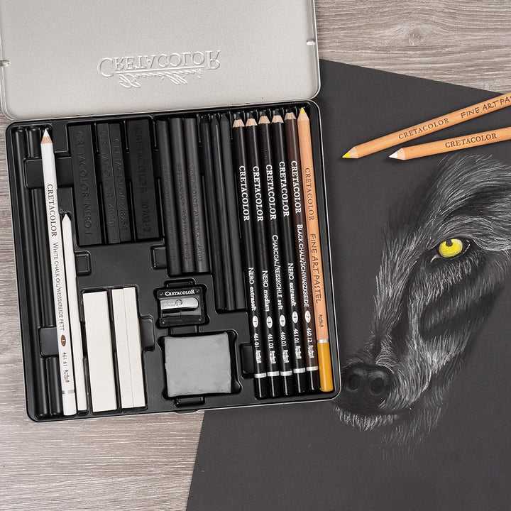 Cretacolor Wolf Box | Schwarz - Weiss Zeichen - Set | 25-teilig