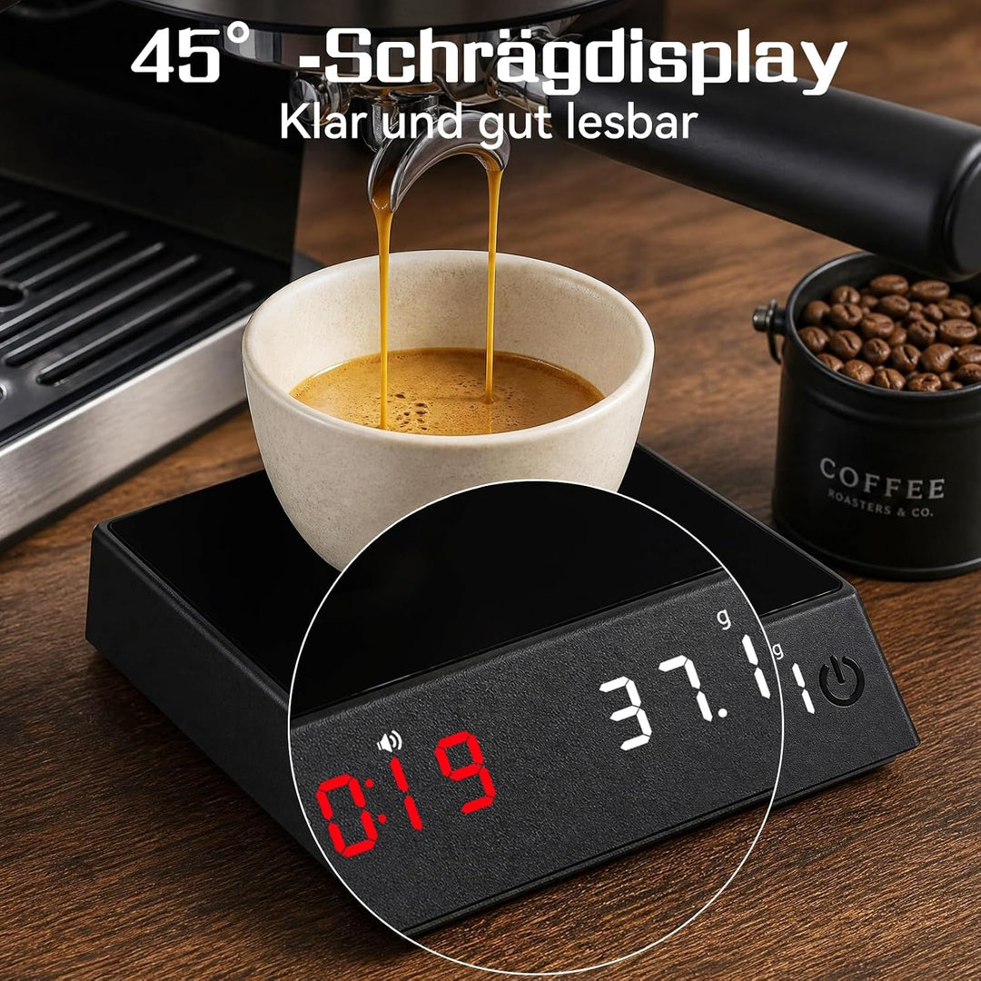 Kaffeewaage mit Timer, Wiederaufladbare Espressowaage 2kg/0,1g Präzision, Mini Kaffeewaage mit 45° G
