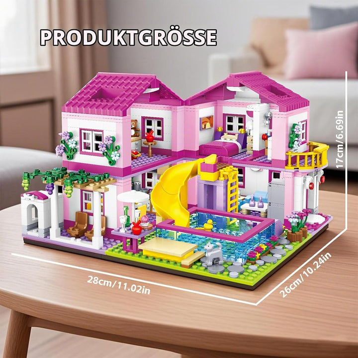 CSNRHG Rosa Sommer Pool Villa Baustein Set Freunde BAU Bildungs 1018 Stück Geschenke Erwachsene Alte