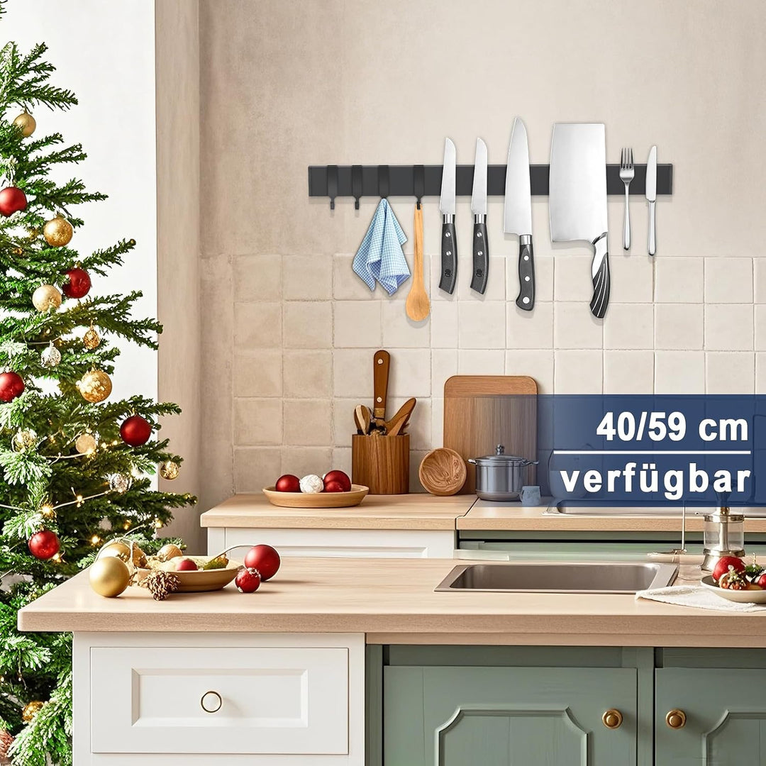 Magnetleiste Messer für die Wand, mit 4 Haken, 59cm schwarzer Messerhalter magnetisch ohne Bohren, e