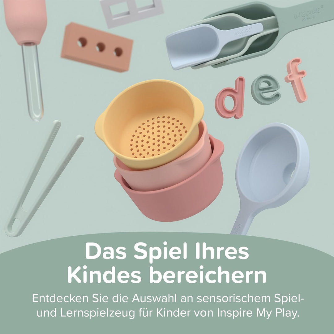 Inspire My Play – 3 x Koralle Stapelbare Silikonschalen und Sieb – Perfektes Zubehör für Sensory Pla