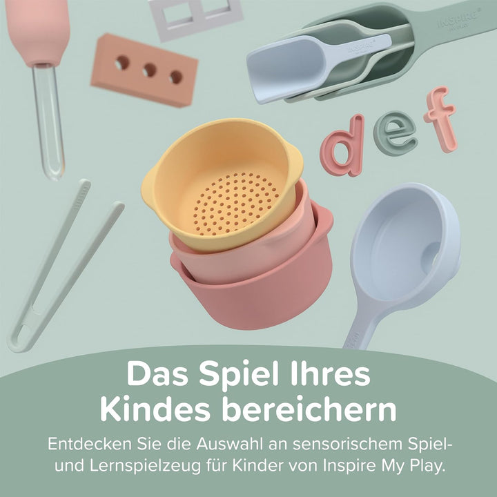 Inspire My Play – 3 x Koralle Stapelbare Silikonschalen und Sieb – Perfektes Zubehör für Sensory Pla