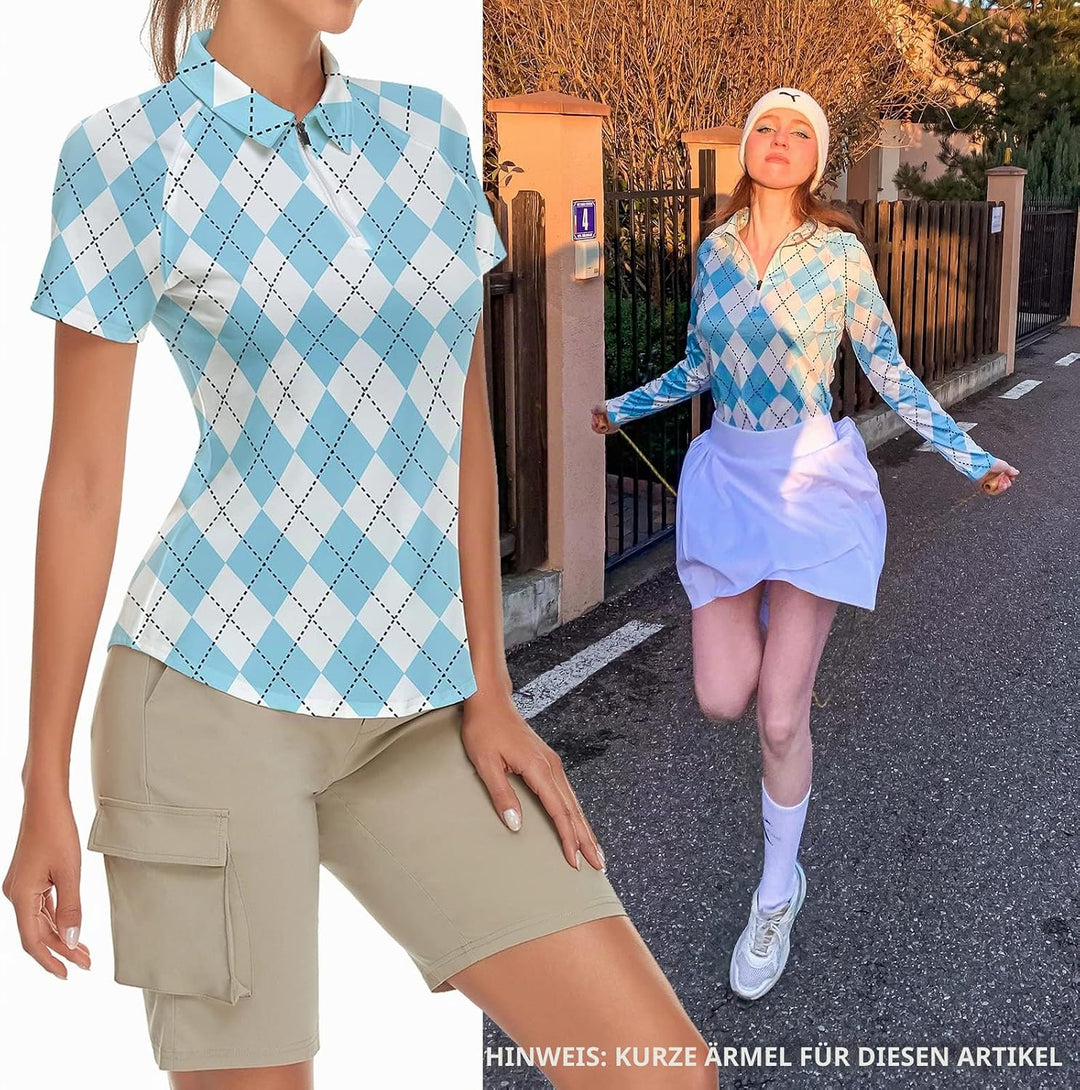 Soneven Atmungsaktiv Poloshirt Damen Leichtes Sportshirt Tailliert Karierte Bluse UPF 50+ Kurzarm 1/
