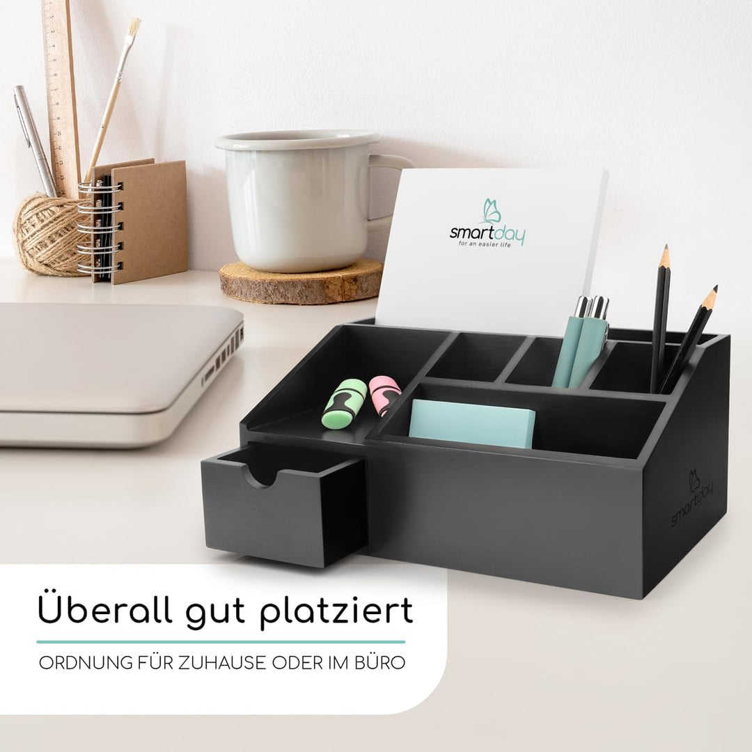 Schreibtisch Organizer aus Bambus Holz mit Schublade schwarz - Ordnungssystem Büro Stiftehalter, Sti