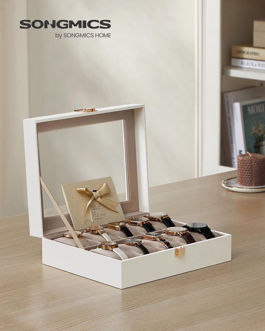 SONGMICS Uhrenbox mit 10 Fächern, Uhrenkasten, Glasdeckel, Uhrenkoffer, herausnehmbare Uhrenkissen,