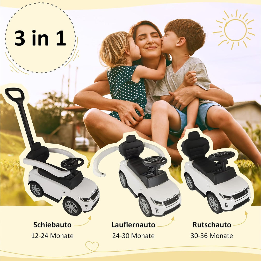 Rutschauto ab 1 Jahr – Rutscherfahrzeug weiss Kinderfahrzeug mit Schiebestange und Sicherheitsbügel,