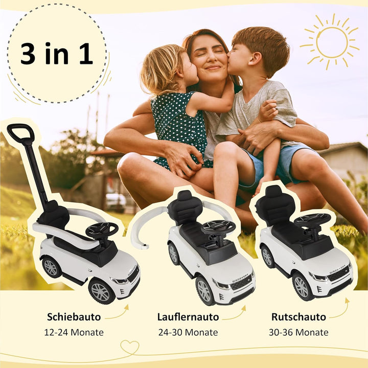 Rutschauto ab 1 Jahr – Rutscherfahrzeug weiss Kinderfahrzeug mit Schiebestange und Sicherheitsbügel,