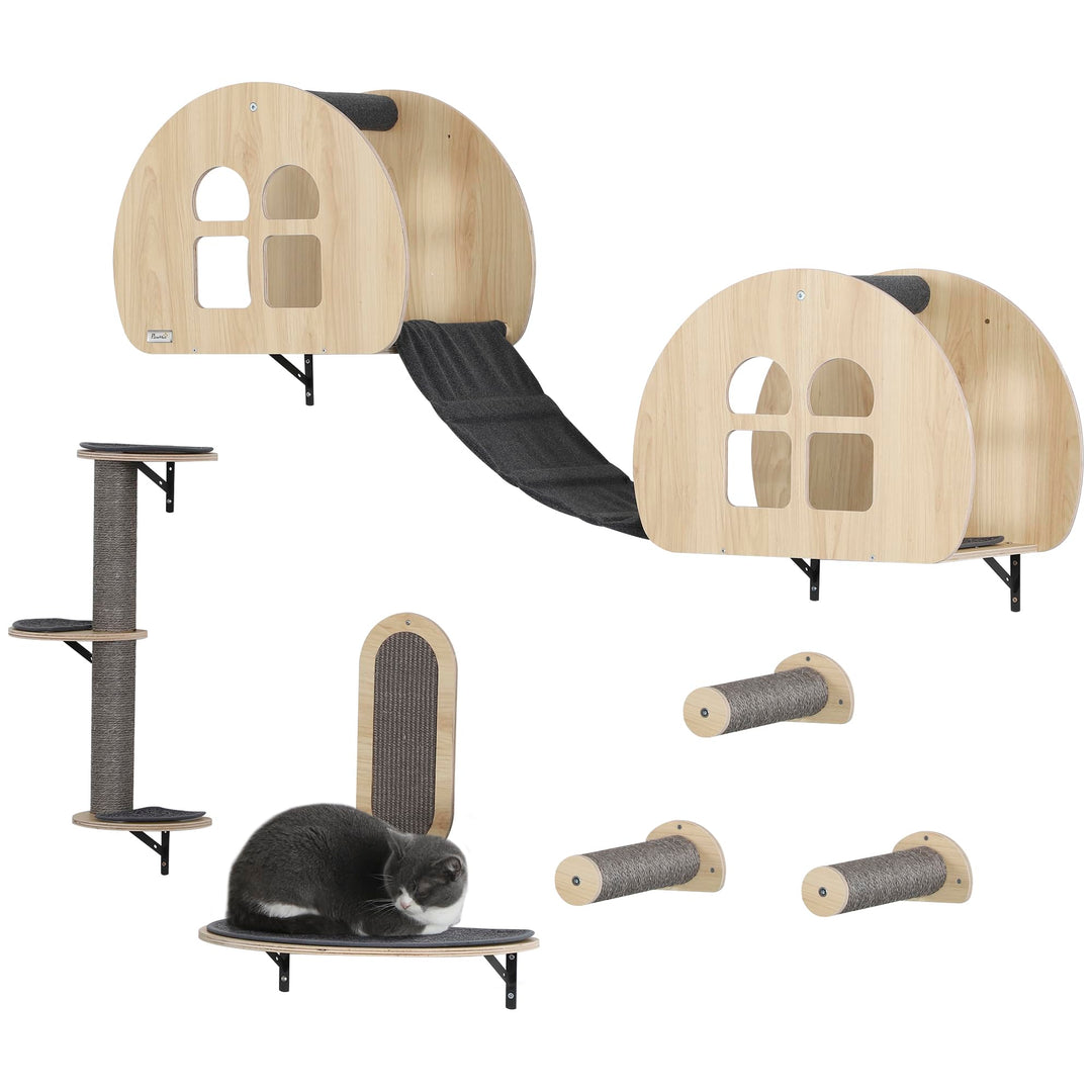 PawHut Kletterwand Katzen 7-teilig Katzenkletterwand Set mit Sisalpfostenleiter Plattform Katzen Wan