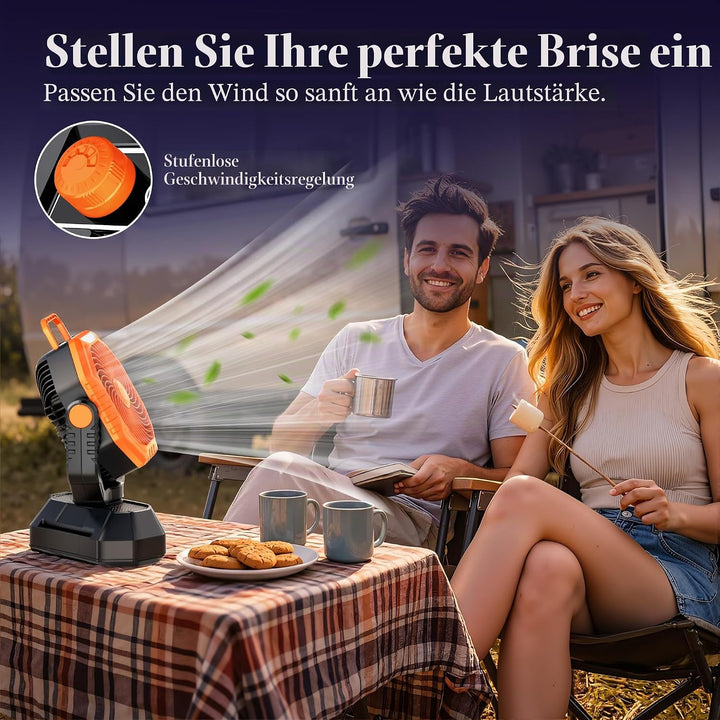 VTHW Camping Ventilator, 20000mAh Wiederaufladbarer Ventilator mit LED Licht & Haken, 270° Drehung,