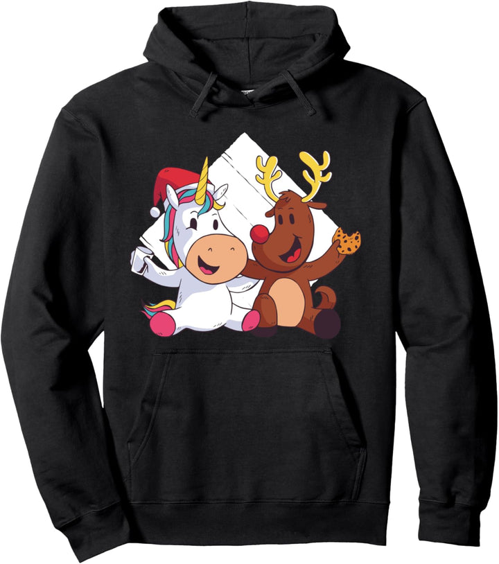 Weihnachtseinhorn und Hirsche mit Keksen und Milch Pullover Hoodie
