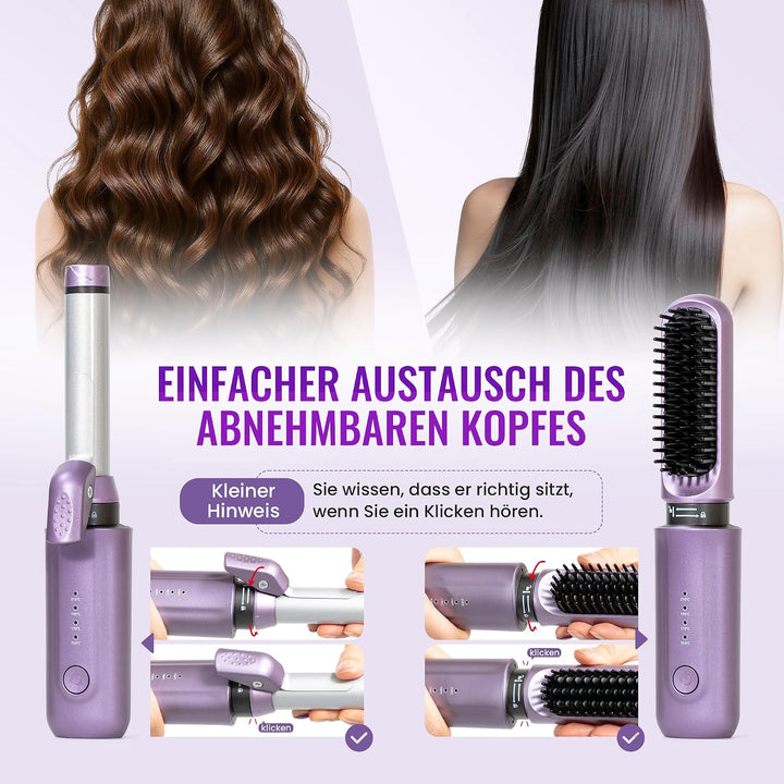 2-in-1 Kabellose Glättungsbürste Lockenstab, Akku Wärmebürste Haarglätter, wiederaufladbares Haarloc