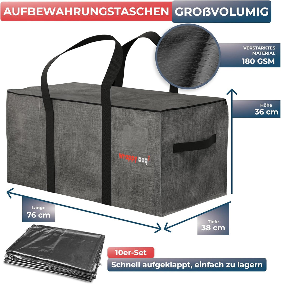 WRAPPYBAG 10er Pack Grosse Kunststoff Aufbewahrungstasche – XXL Tasche Gross für Umzug, Reise – Robu