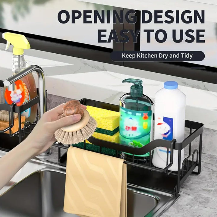 Spülbecken Organizer Schwarz,Küchen Organizer mit Handtuchhalter,Schwammhalter Spülbecken mit Abflus